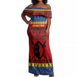 Eswatini Flag Off Shoulder Maxi Dress Nguni Shield Spear Pattern