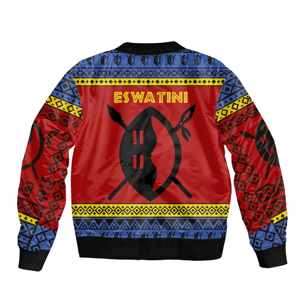 Eswatini Flag Sleeve Zip Bomber Jacket Nguni Shield Spear Pattern