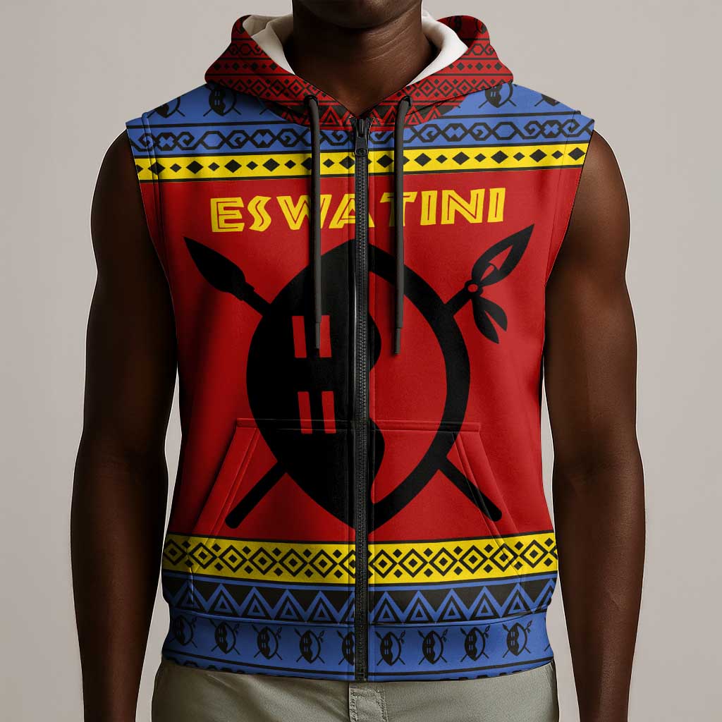Eswatini Flag Sleeveless Zip Hoodie Nguni Shield Spear Pattern - African Pride