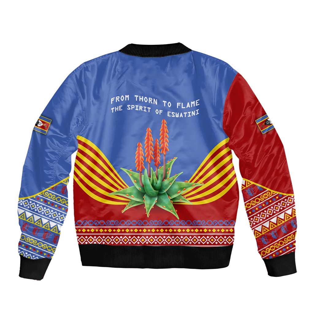 Aloe Vera Eswatini Bomber Jacket Flag Print and Cultural Motif From Thorn to Flame