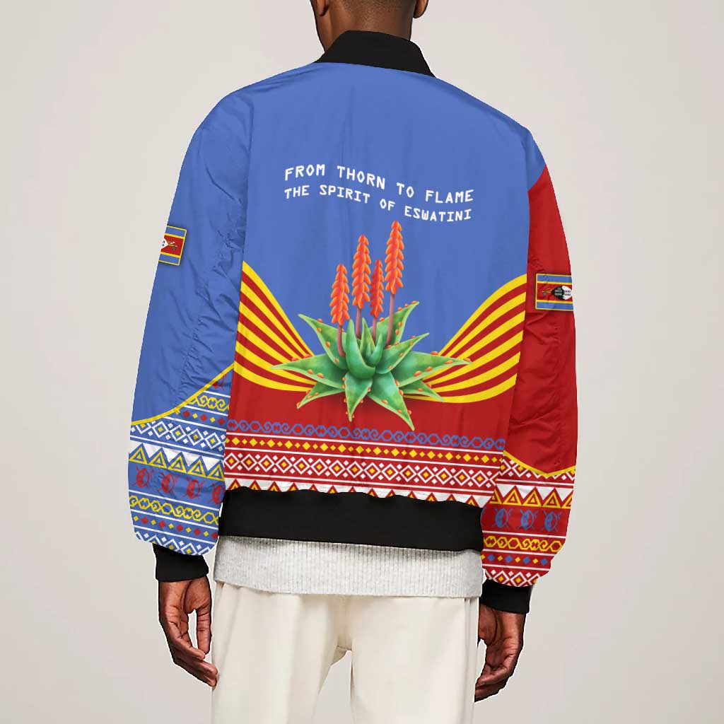 Aloe Vera Eswatini Bomber Jacket Flag Print and Cultural Motif From Thorn to Flame
