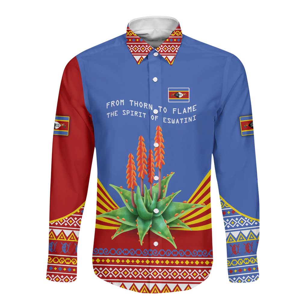 Aloe Vera Eswatini Long Sleeve Button Shirt Flag Print and Cultural Motif From Thorn to Flame