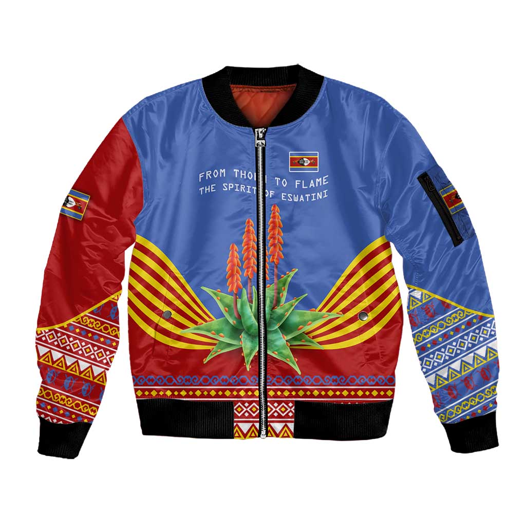 Aloe Vera Eswatini Sleeve Zip Bomber Jacket Flag Print and Cultural Motif From Thorn to Flame