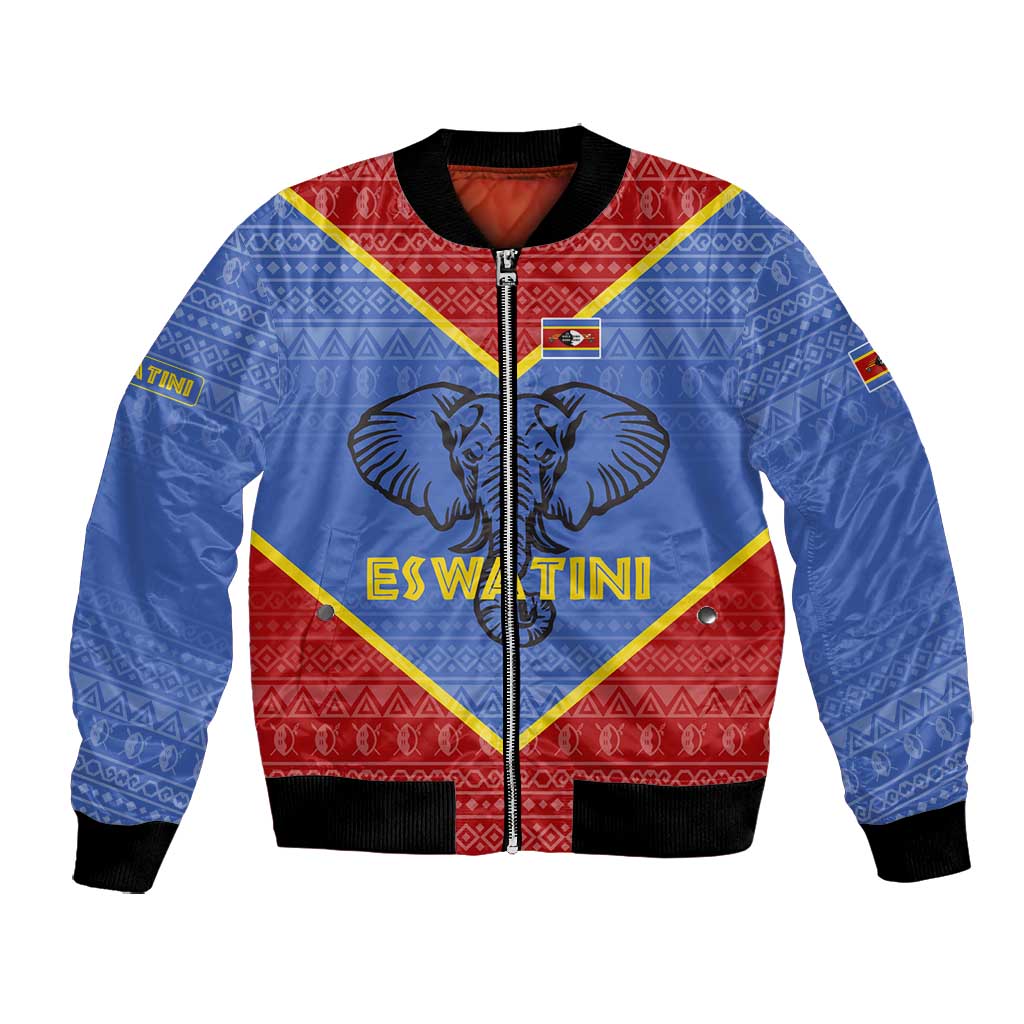 Elephant Eswatini Bomber Jacket Swaziland Shield Tribal Pattern and National Flag