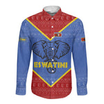 Elephant Eswatini Long Sleeve Button Shirt Swaziland Shield Tribal Pattern and National Flag