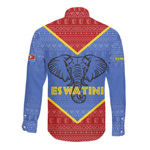 Elephant Eswatini Long Sleeve Button Shirt Swaziland Shield Tribal Pattern and National Flag