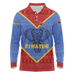 Elephant Eswatini Long Sleeve Polo Shirt Swaziland Shield Tribal Pattern and National Flag