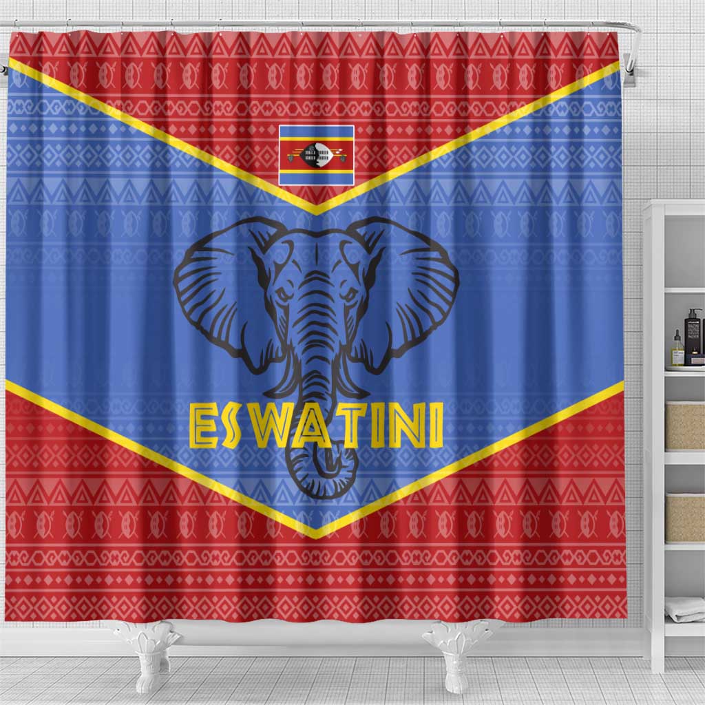 Elephant Eswatini Shower Curtain Swaziland Shield Tribal Pattern and National Flag