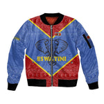 Elephant Eswatini Sleeve Zip Bomber Jacket Swaziland Shield Tribal Pattern and National Flag
