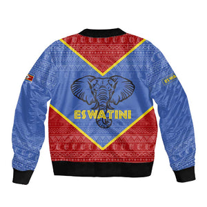 Elephant Eswatini Sleeve Zip Bomber Jacket Swaziland Shield Tribal Pattern and National Flag