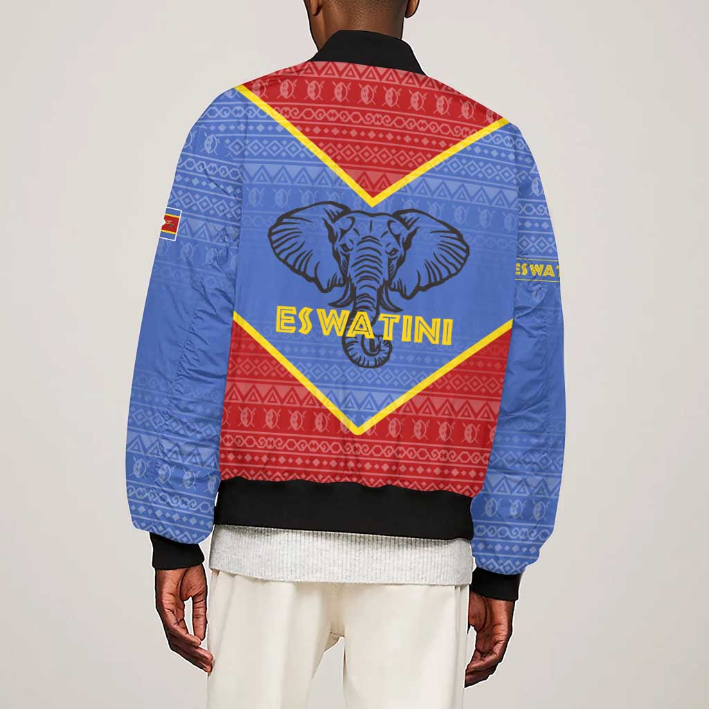 Elephant Eswatini Sleeve Zip Bomber Jacket Swaziland Shield Tribal Pattern and National Flag