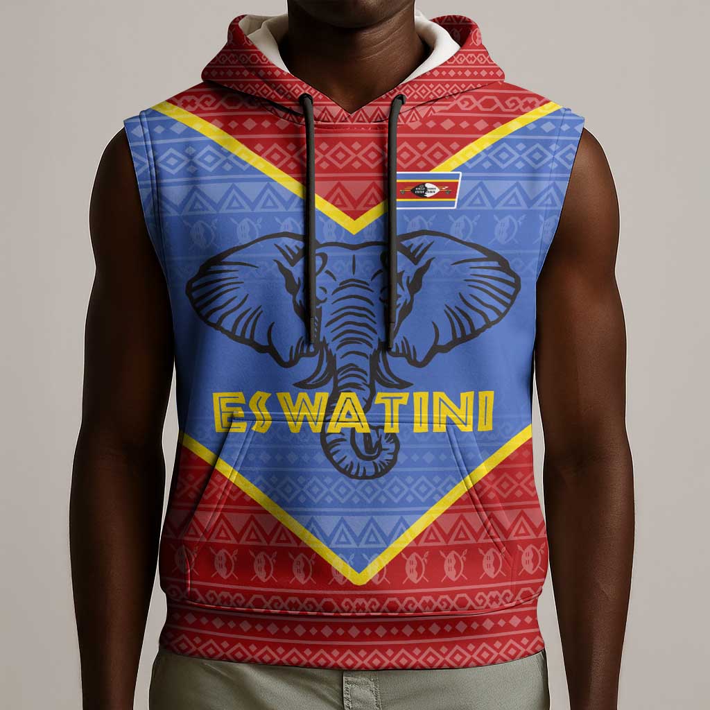 Elephant Eswatini Sleeveless Hoodie Swaziland Shield Tribal Pattern and National Flag - African Pride