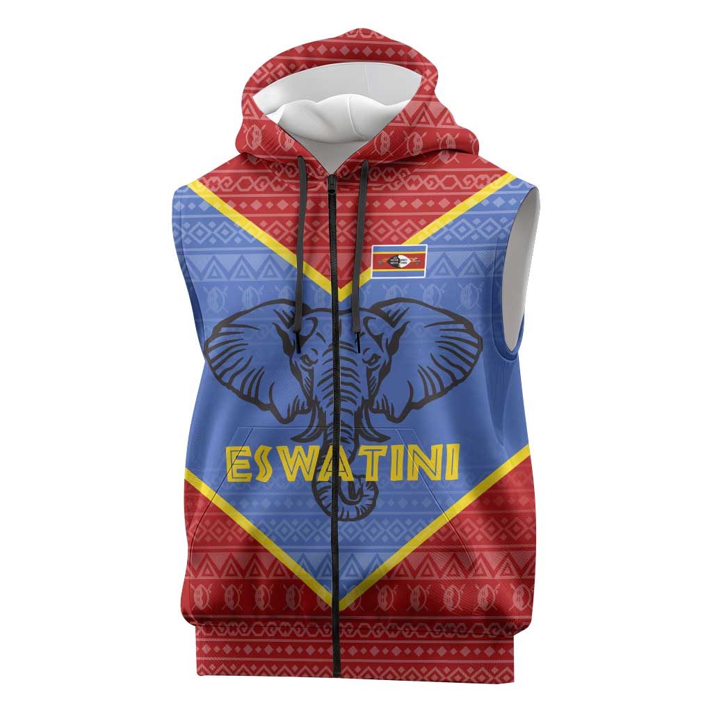 Elephant Eswatini Sleeveless Zip Hoodie Swaziland Shield Tribal Pattern and National Flag - African Pride