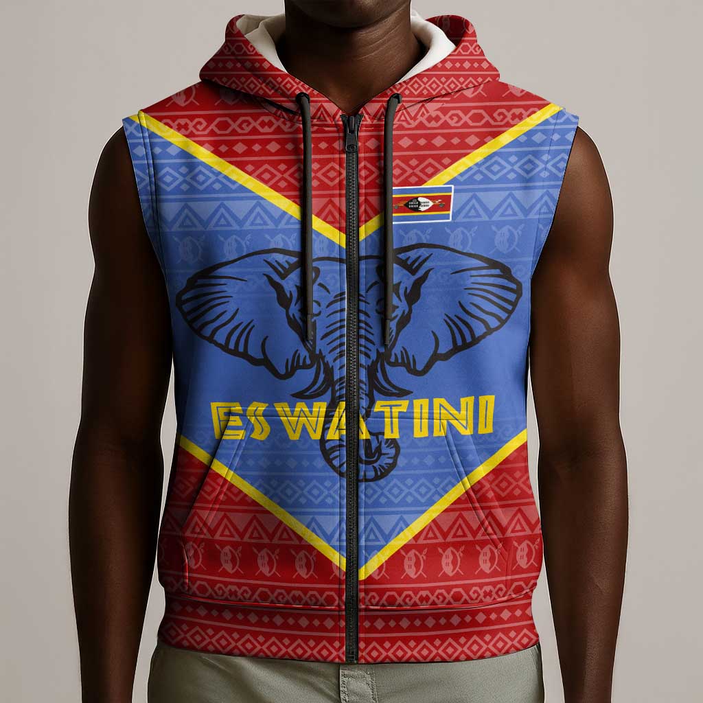Elephant Eswatini Sleeveless Zip Hoodie Swaziland Shield Tribal Pattern and National Flag - African Pride