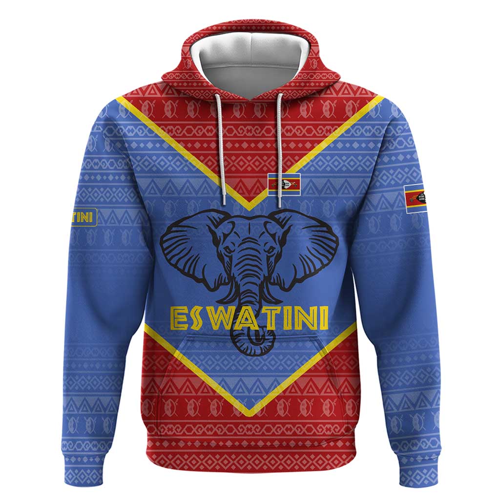 Elephant Eswatini Zip Hoodie Swaziland Shield Tribal Pattern and National Flag