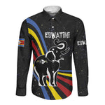 Eswatini Elephant Long Sleeve Button Shirt Swazi Flag Colors and Cosmic Background