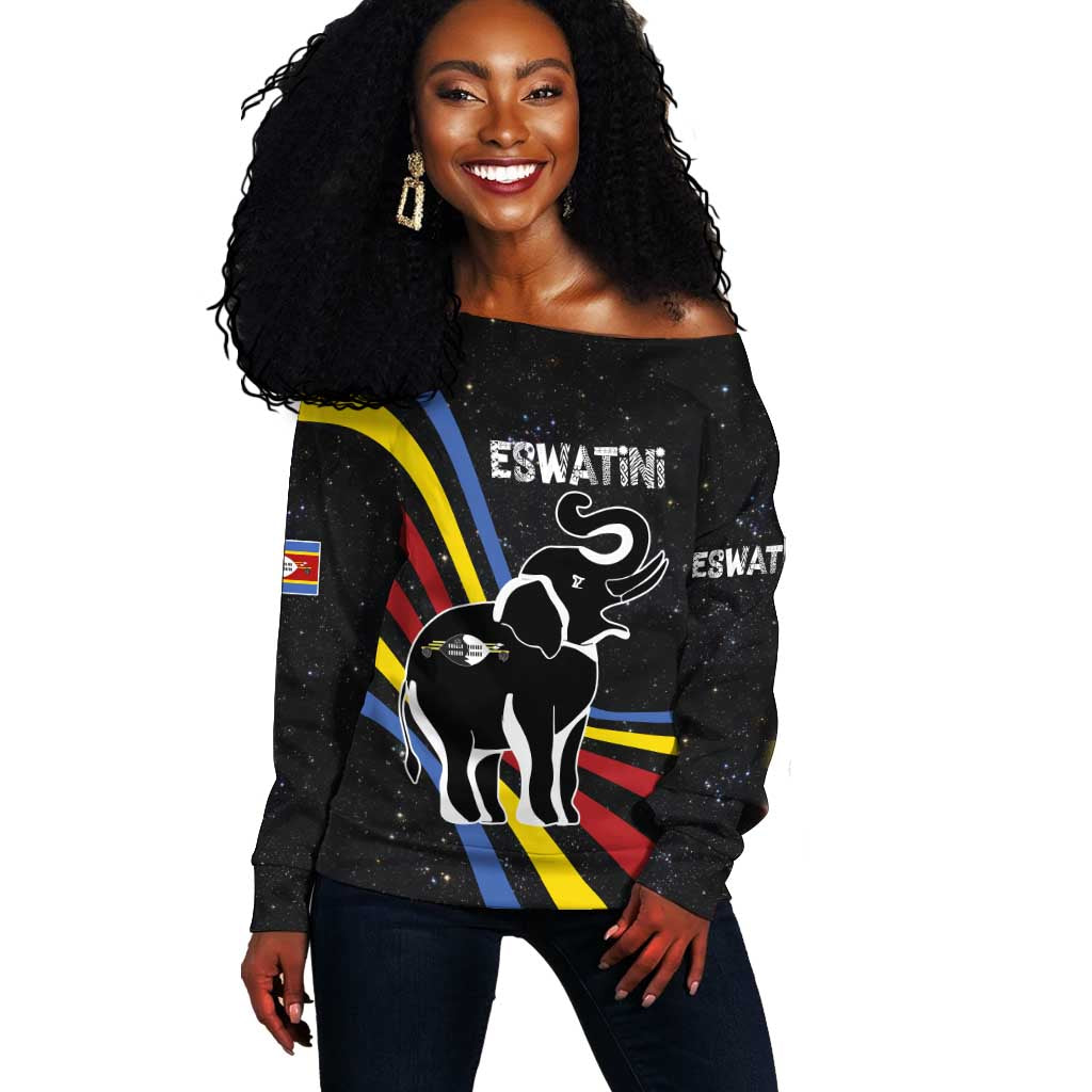 Eswatini Elephant Off Shoulder Sweater Swazi Flag Colors and Cosmic Background