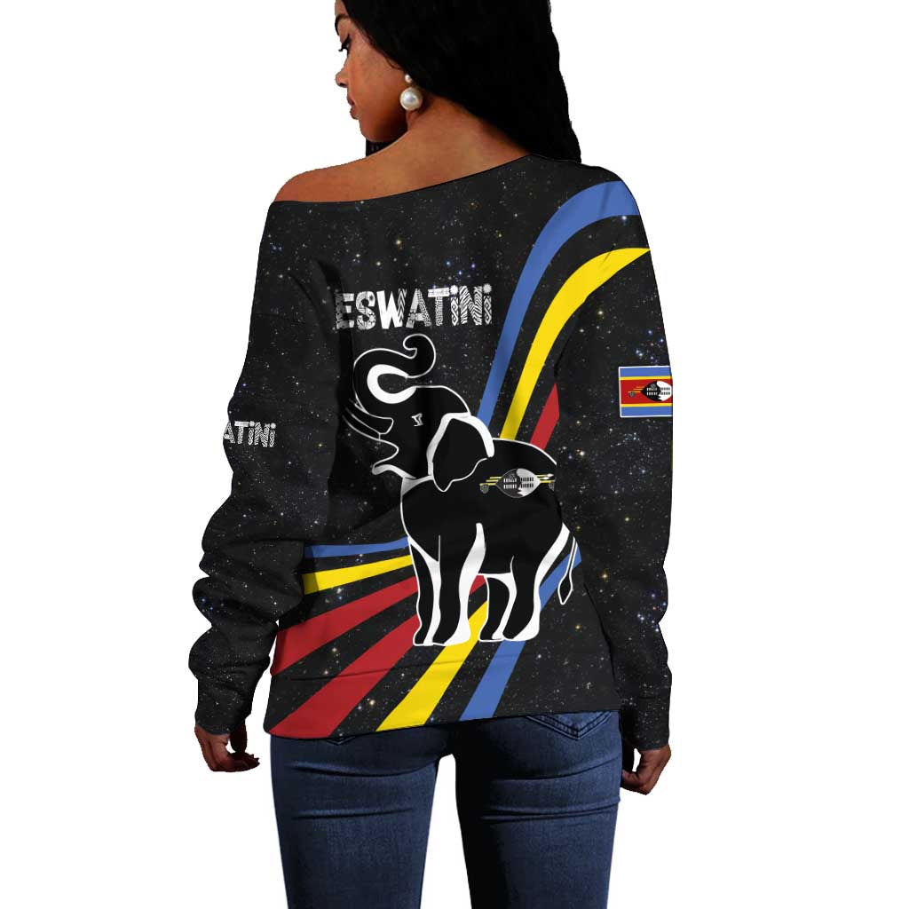 Eswatini Elephant Off Shoulder Sweater Swazi Flag Colors and Cosmic Background