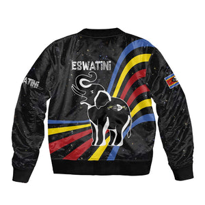 Eswatini Elephant Sleeve Zip Bomber Jacket Swazi Flag Colors and Cosmic Background