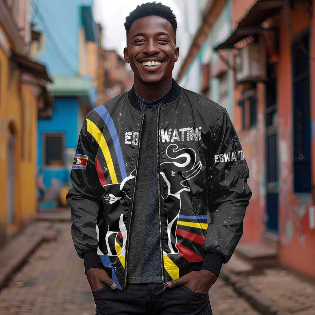 Eswatini Elephant Sleeve Zip Bomber Jacket Swazi Flag Colors and Cosmic Background