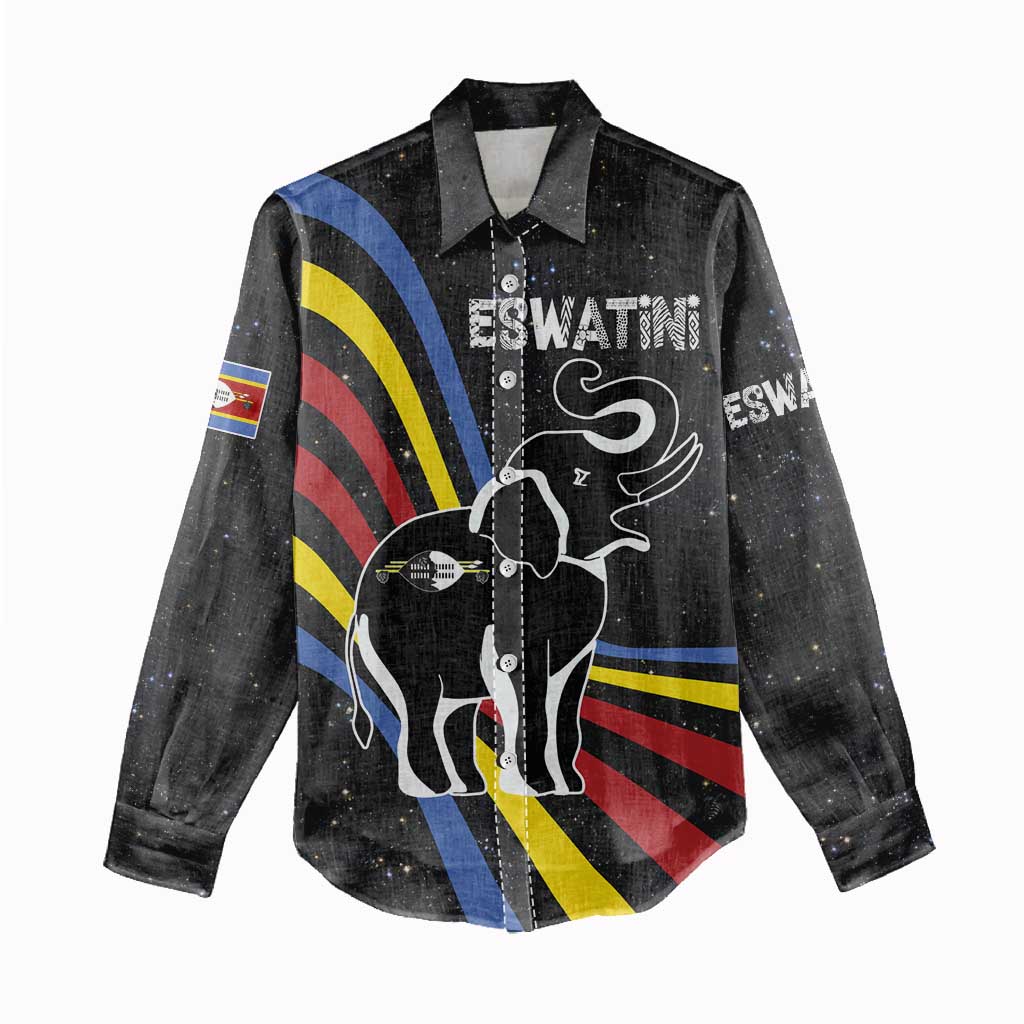 Eswatini Elephant Women Casual Shirt Swazi Flag Colors and Cosmic Background