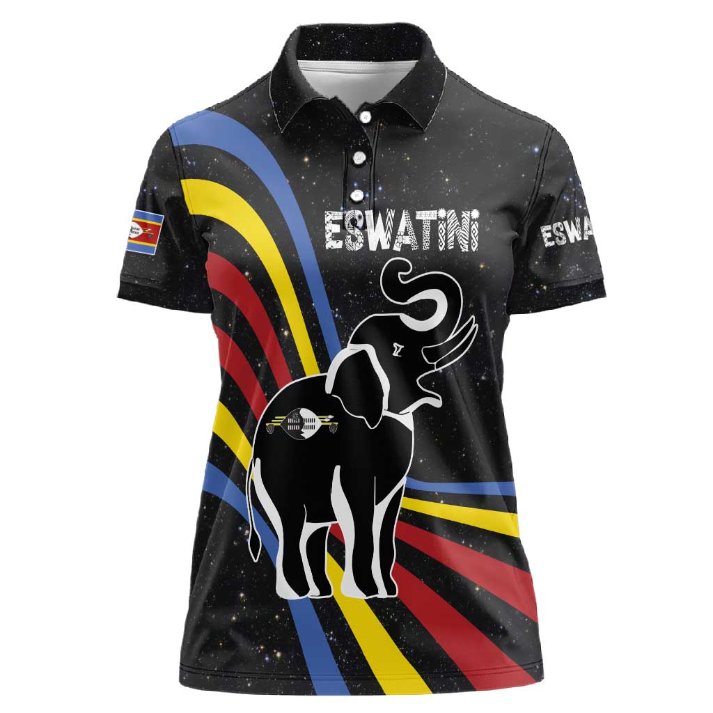Eswatini Elephant Women Polo Shirt Swazi Flag Colors and Cosmic Background