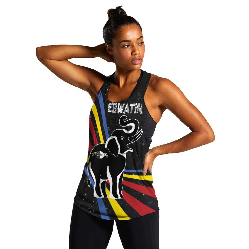 Eswatini Elephant Women Racerback Tank Swazi Flag Colors and Cosmic Background