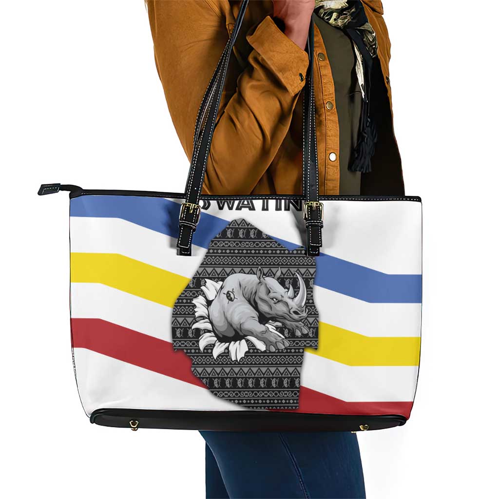 Eswatini Rhino Leather Tote Bag Swazi Map Flag and African Traditional Patterns