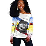 Eswatini Rhino Off Shoulder Sweater Swazi Map Flag and African Traditional Patterns