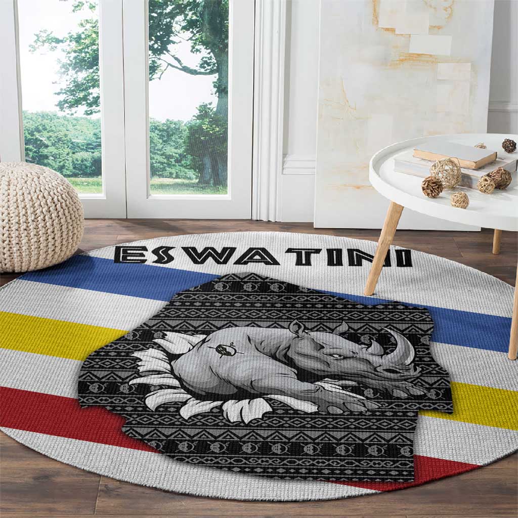 Eswatini Rhino Round Carpet Swazi Map Flag and African Traditional Patterns