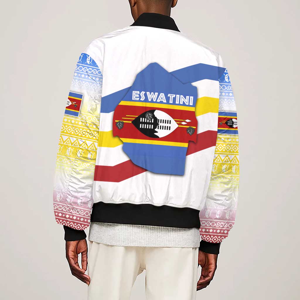 Eswatini Rhino Sleeve Zip Bomber Jacket Swazi Map Flag and African Traditional Patterns