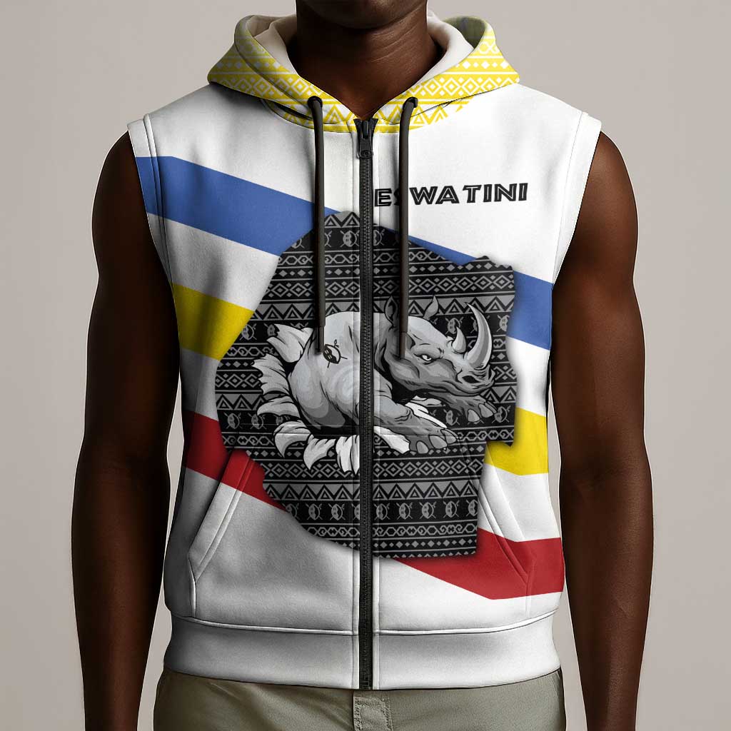 Eswatini Rhino Sleeveless Zip Hoodie Swazi Map Flag and African Traditional Patterns - African Pride