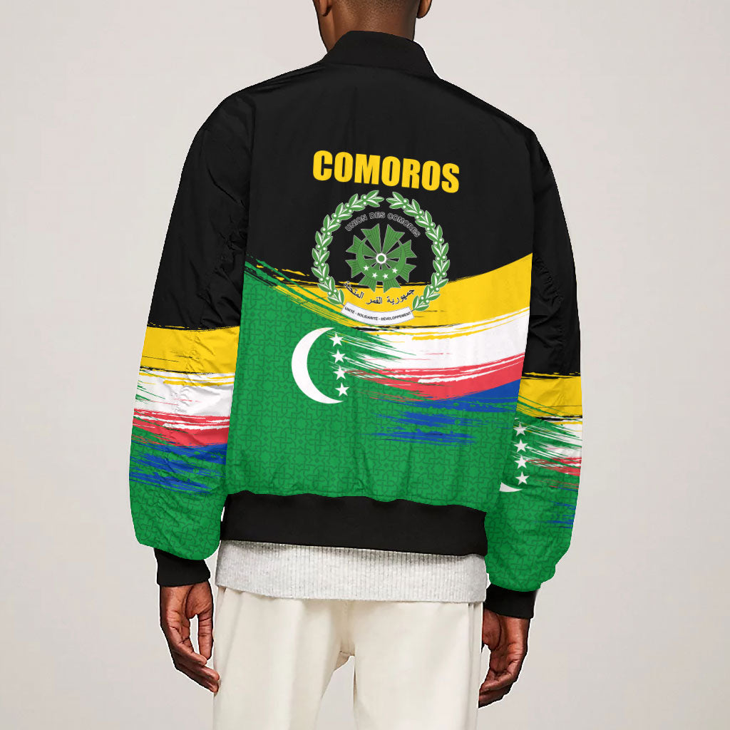 Comoros Independence Day Bomber Jacket Comorian Flag Brush Stroke National Pride Graphic
