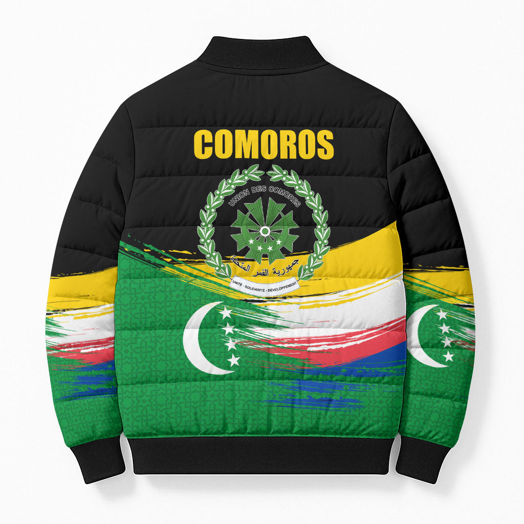 Comoros Independence Day Bomber Puffer Jacket Comorian Flag Brush Stroke National Pride Graphic