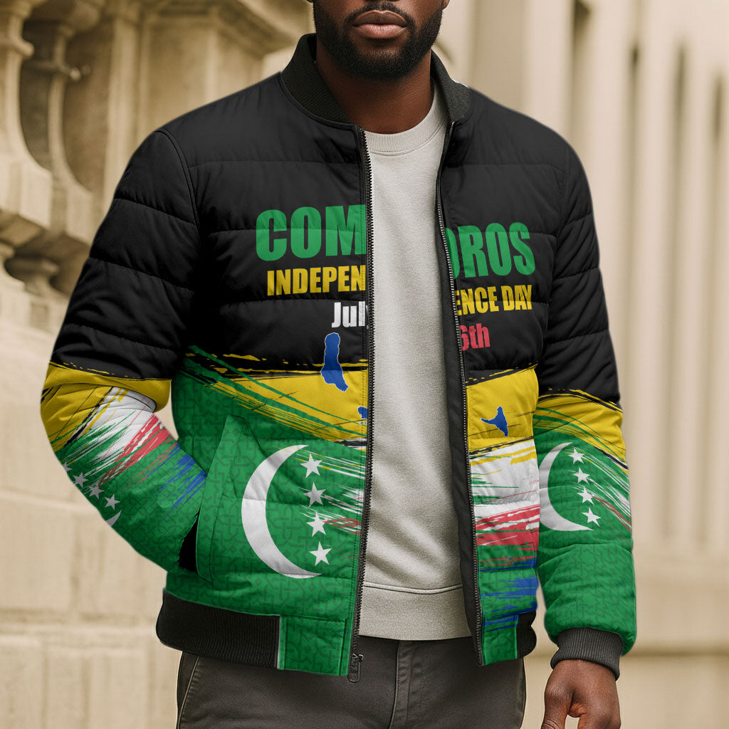 Comoros Independence Day Bomber Puffer Jacket Comorian Flag Brush Stroke National Pride Graphic