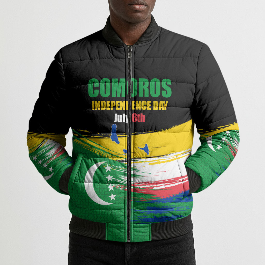 Comoros Independence Day Bomber Puffer Jacket Comorian Flag Brush Stroke National Pride Graphic