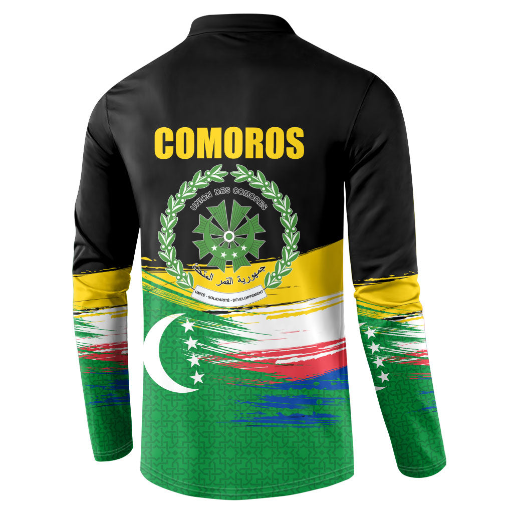 Comoros Independence Day Button Sweatshirt Comorian Flag Brush Stroke National Pride Graphic