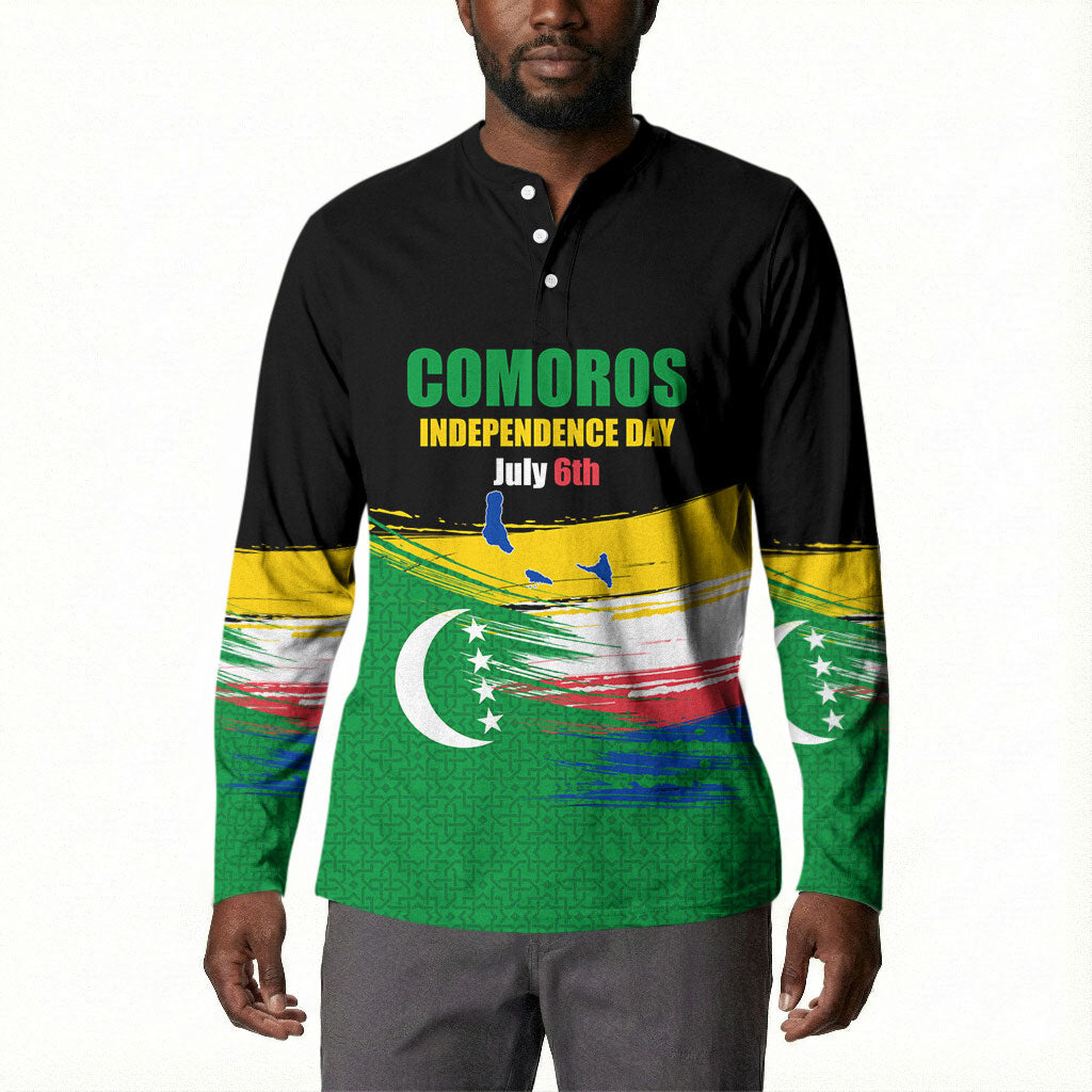 Comoros Independence Day Button Sweatshirt Comorian Flag Brush Stroke National Pride Graphic