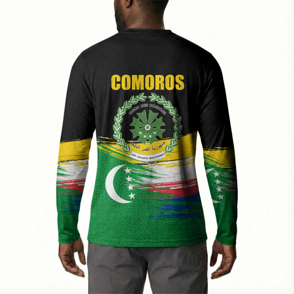 Comoros Independence Day Button Sweatshirt Comorian Flag Brush Stroke National Pride Graphic