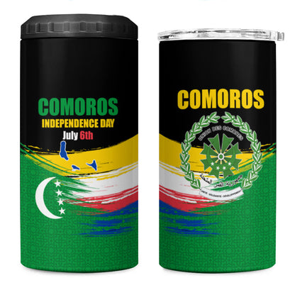 Comoros Independence Day 4 in 1 Can Cooler Tumbler Comorian Flag Brush Stroke National Pride Graphic