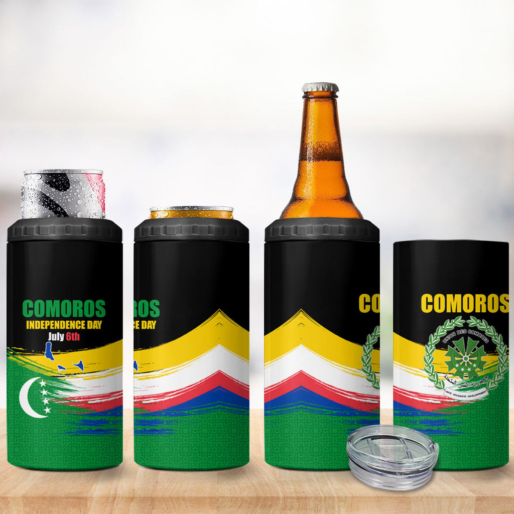 Comoros Independence Day 4 in 1 Can Cooler Tumbler Comorian Flag Brush Stroke National Pride Graphic