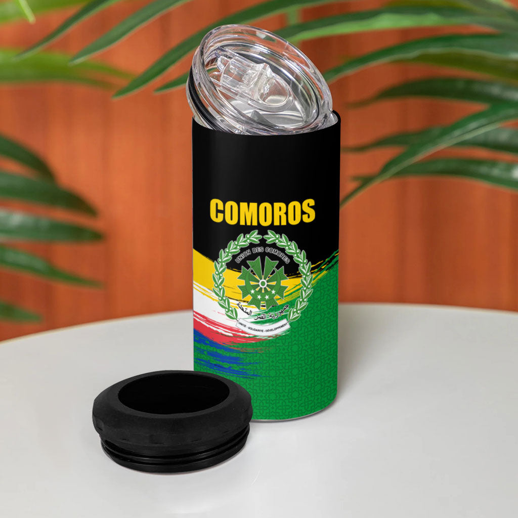 Comoros Independence Day 4 in 1 Can Cooler Tumbler Comorian Flag Brush Stroke National Pride Graphic
