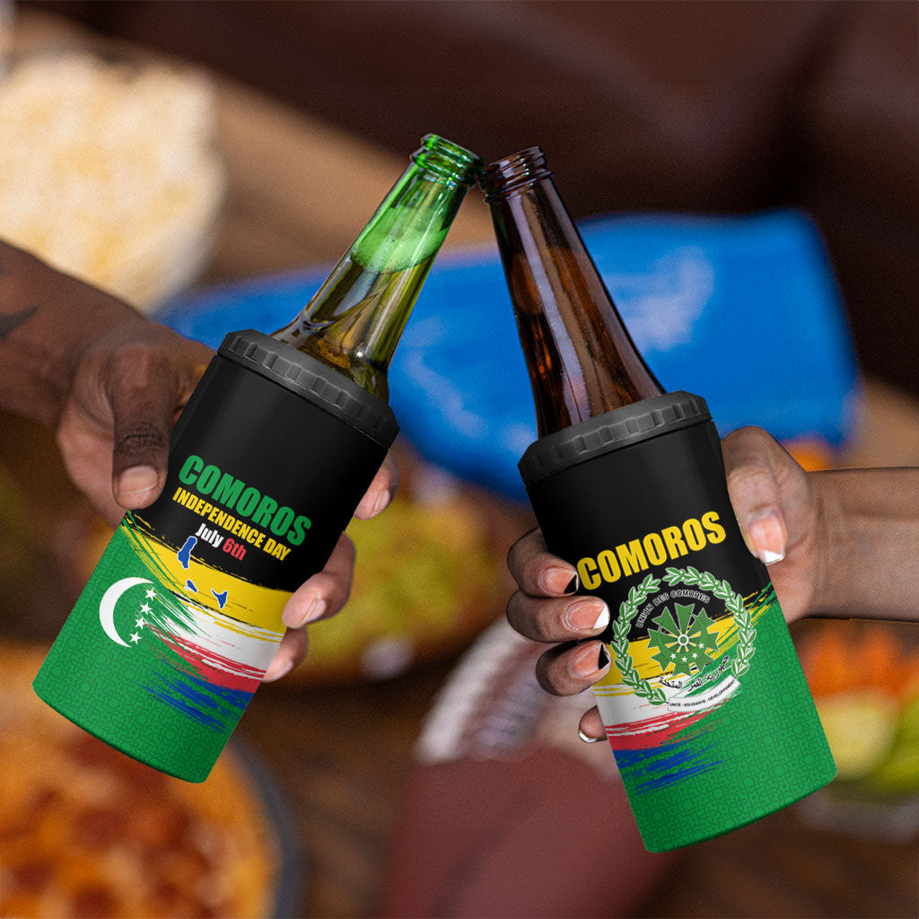 Comoros Independence Day 4 in 1 Can Cooler Tumbler Comorian Flag Brush Stroke National Pride Graphic