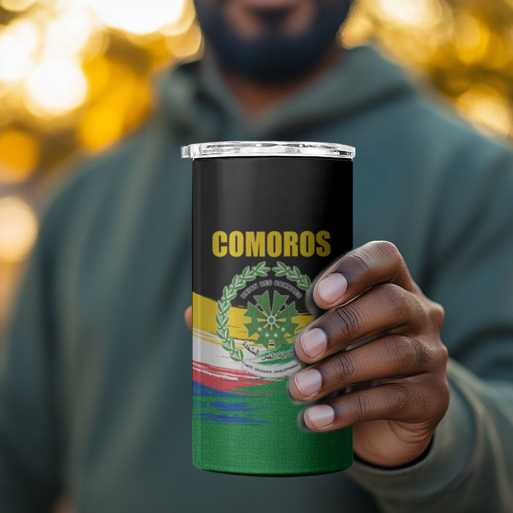 Comoros Independence Day 4 in 1 Can Cooler Tumbler Comorian Flag Brush Stroke National Pride Graphic