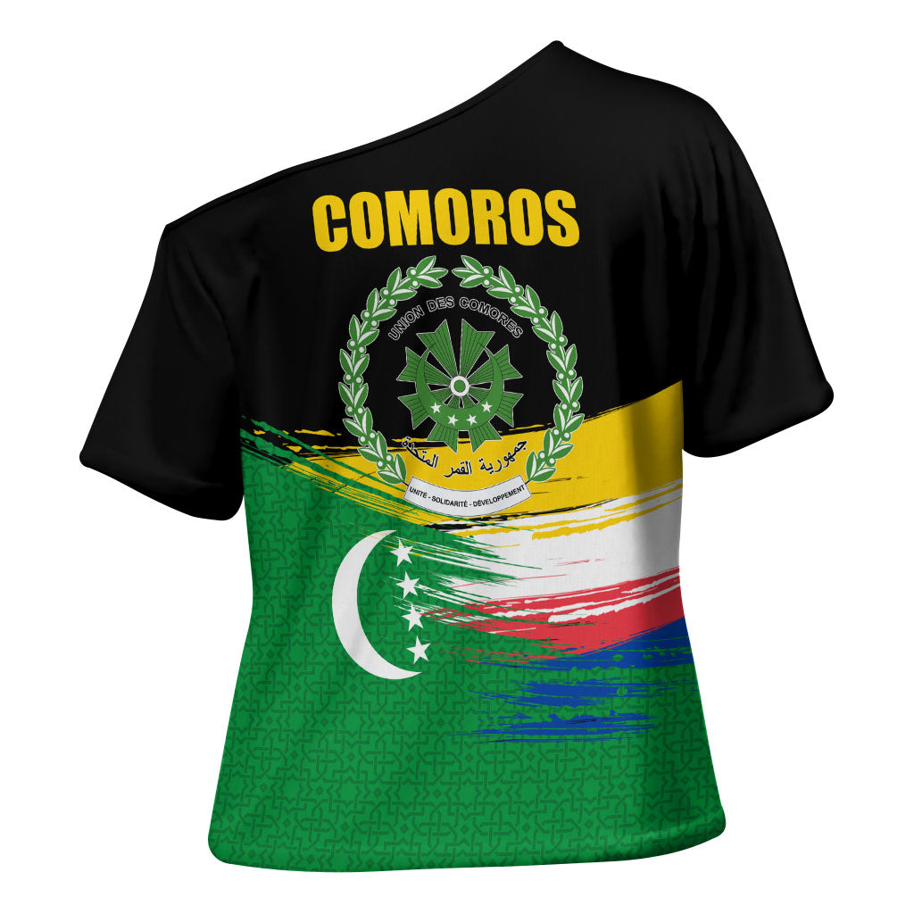 Comoros Independence Day Cross Shoulder Shirt Comorian Flag Brush Stroke National Pride Graphic