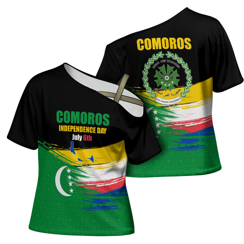 Comoros Independence Day Cross Shoulder Shirt Comorian Flag Brush Stroke National Pride Graphic