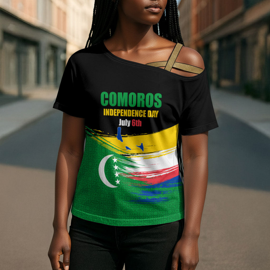 Comoros Independence Day Cross Shoulder Shirt Comorian Flag Brush Stroke National Pride Graphic