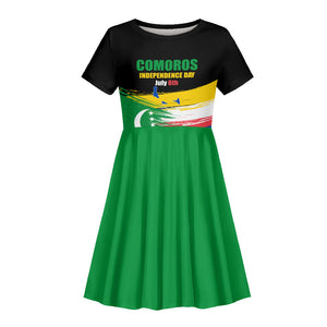 Comoros Independence Day Kid Short Sleeve Dress Comorian Flag Brush Stroke National Pride Graphic