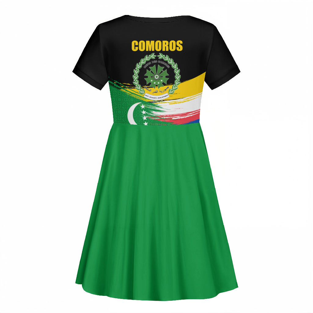 Comoros Independence Day Kid Short Sleeve Dress Comorian Flag Brush Stroke National Pride Graphic