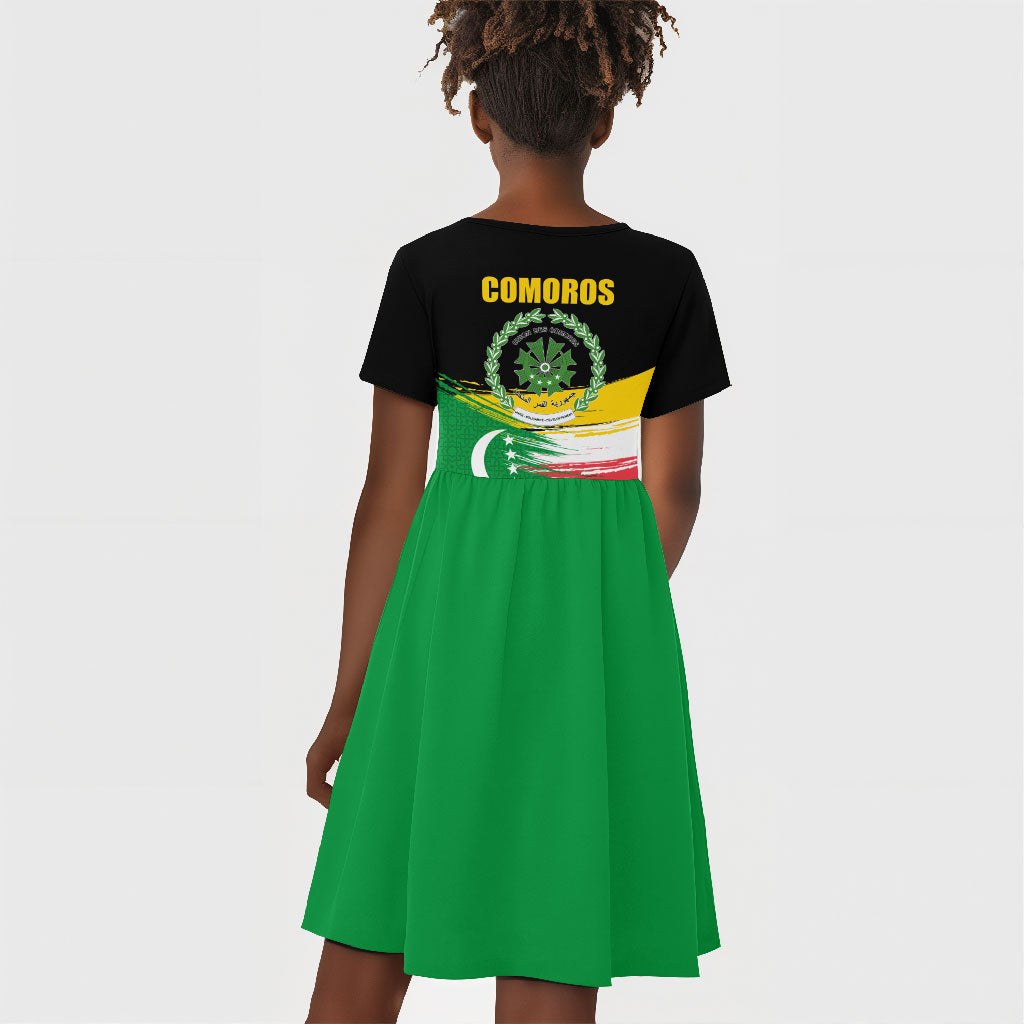 Comoros Independence Day Kid Short Sleeve Dress Comorian Flag Brush Stroke National Pride Graphic